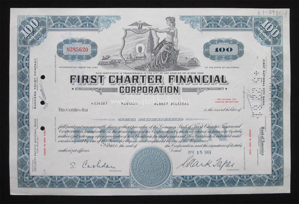 First Charter Financial Corporation 100 részvény 1969